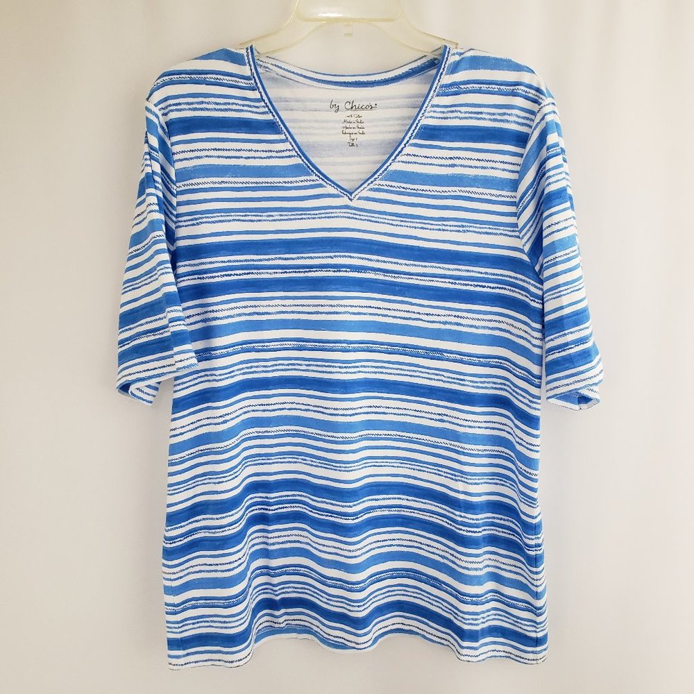 Chico's Blue and White Striped Short Sleeve Tee